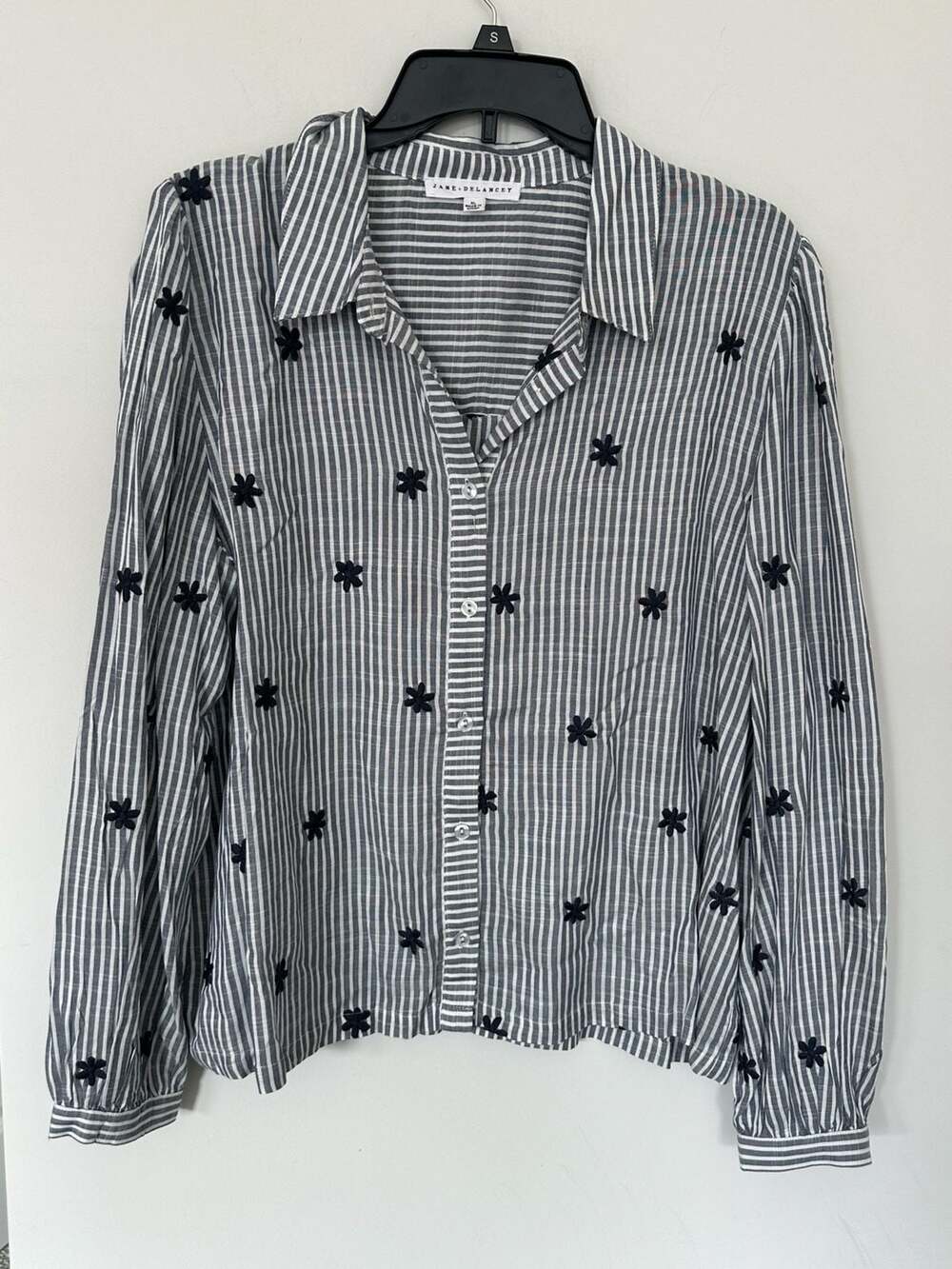 Jane Delancey Button Down Shirt Size XL Striped Embroidered Floral Top